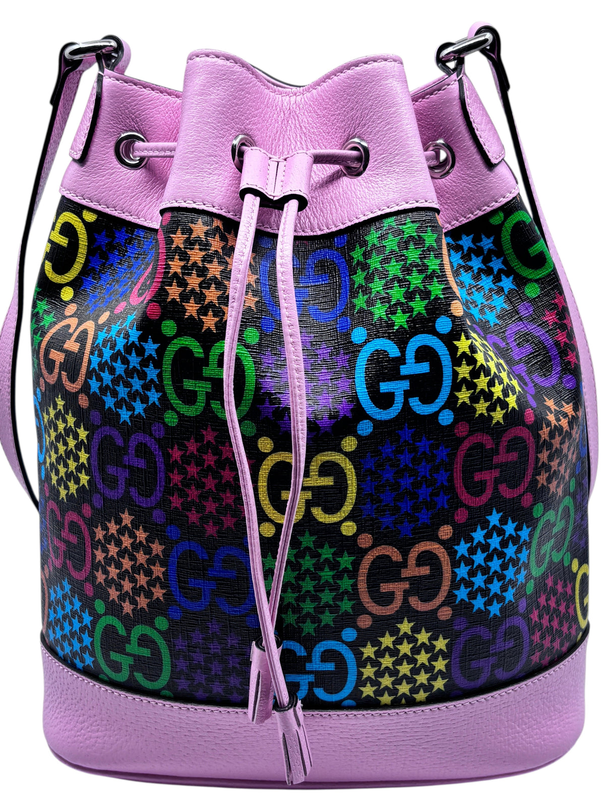 Posh Purse Co. pink Gucci GG Psychedelic bucket bag with vibrant monogram pattern and leather drawstring closure.