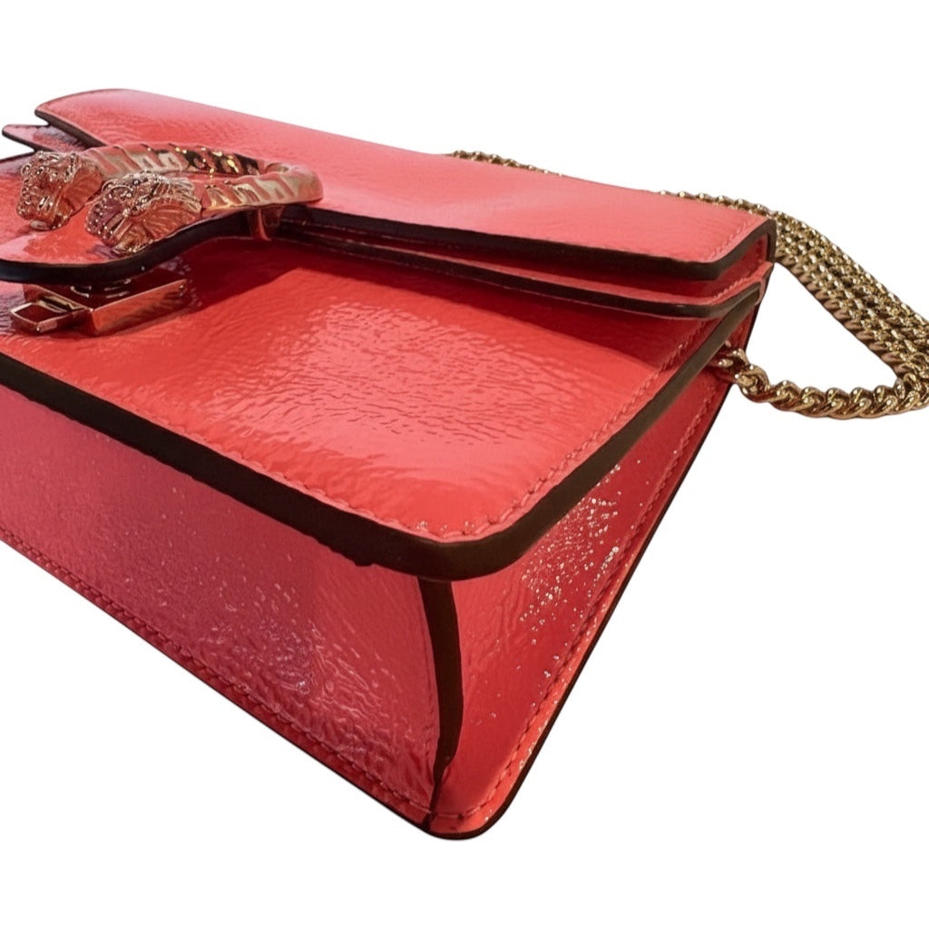 Posh Purse Co. pink patent leather Gucci Mini Dionysus crossbody bag with antique silver tiger head closure and gold chain strap.
