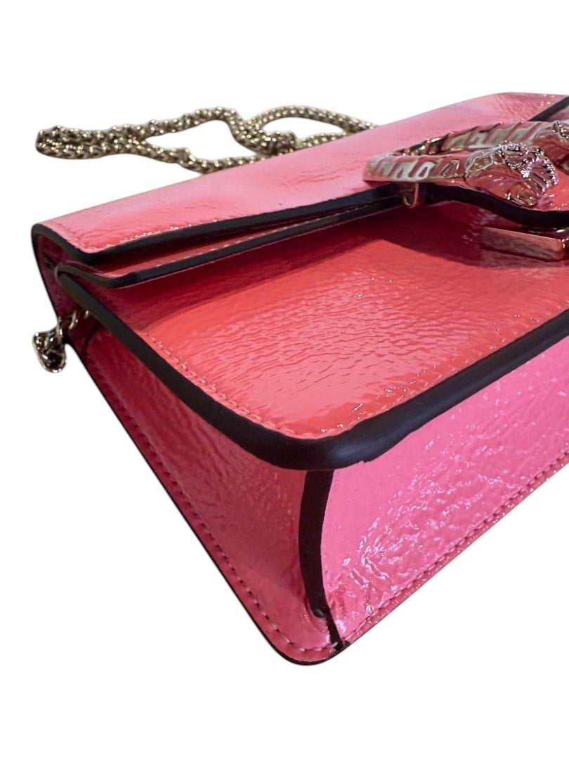 Posh Purse Co. pink patent leather Gucci Mini Dionysus crossbody bag with antique silver tiger head closure and chain strap.