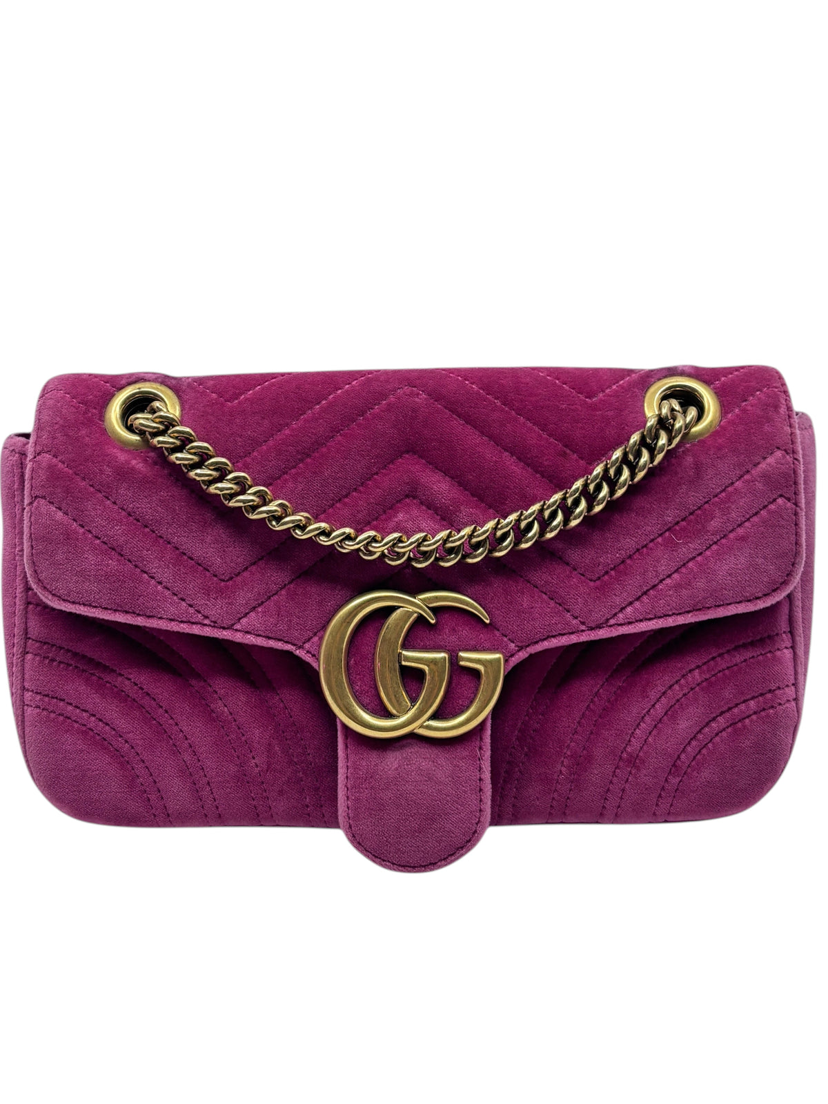 Posh Purse Co pink velvet Gucci Marmont shoulder bag with gold-tone GG logo and chain strap on a white background.