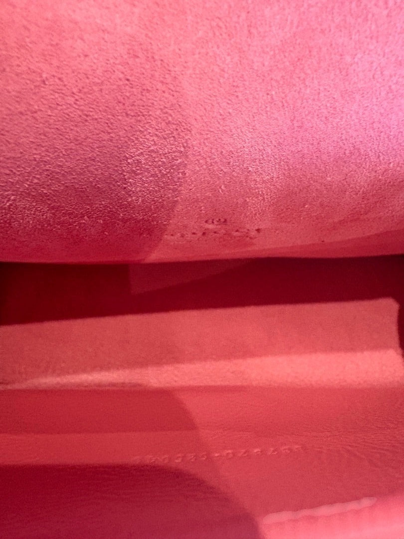 Posh Purse Co. pink textured leather Gucci Mini Dionysus bag interior with embossed serial number.