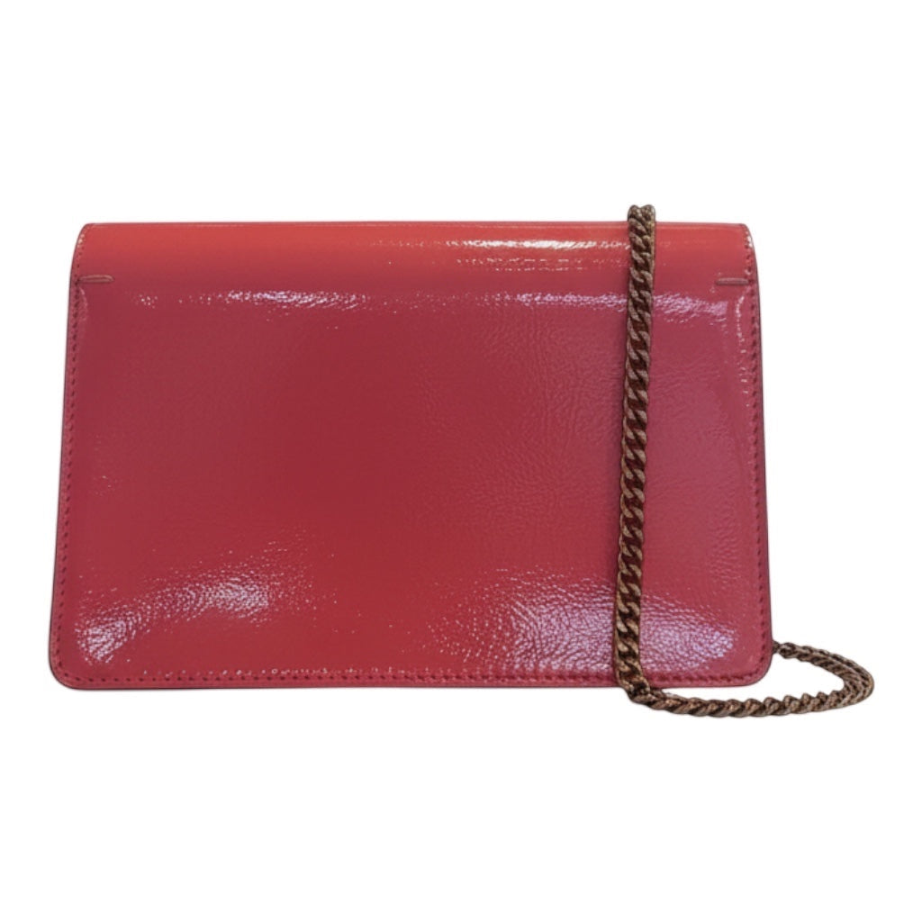 Posh Purse Co. pink patent leather Gucci Mini Dionysus crossbody bag with antique silver chain strap and tiger head closure.