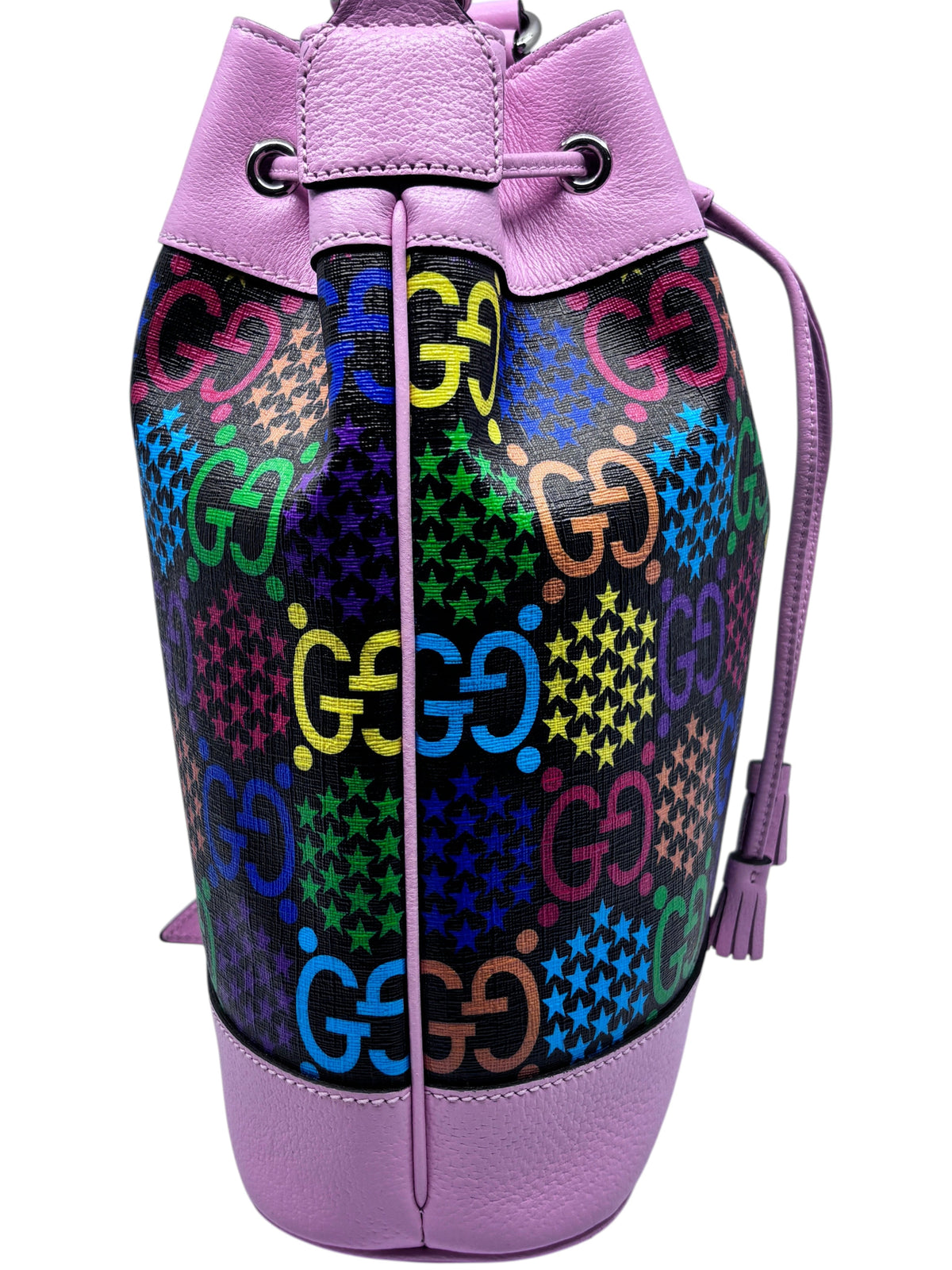 Posh Purse Co. pink Gucci GG Psychedelic bucket bag with vibrant monogram pattern and leather trim