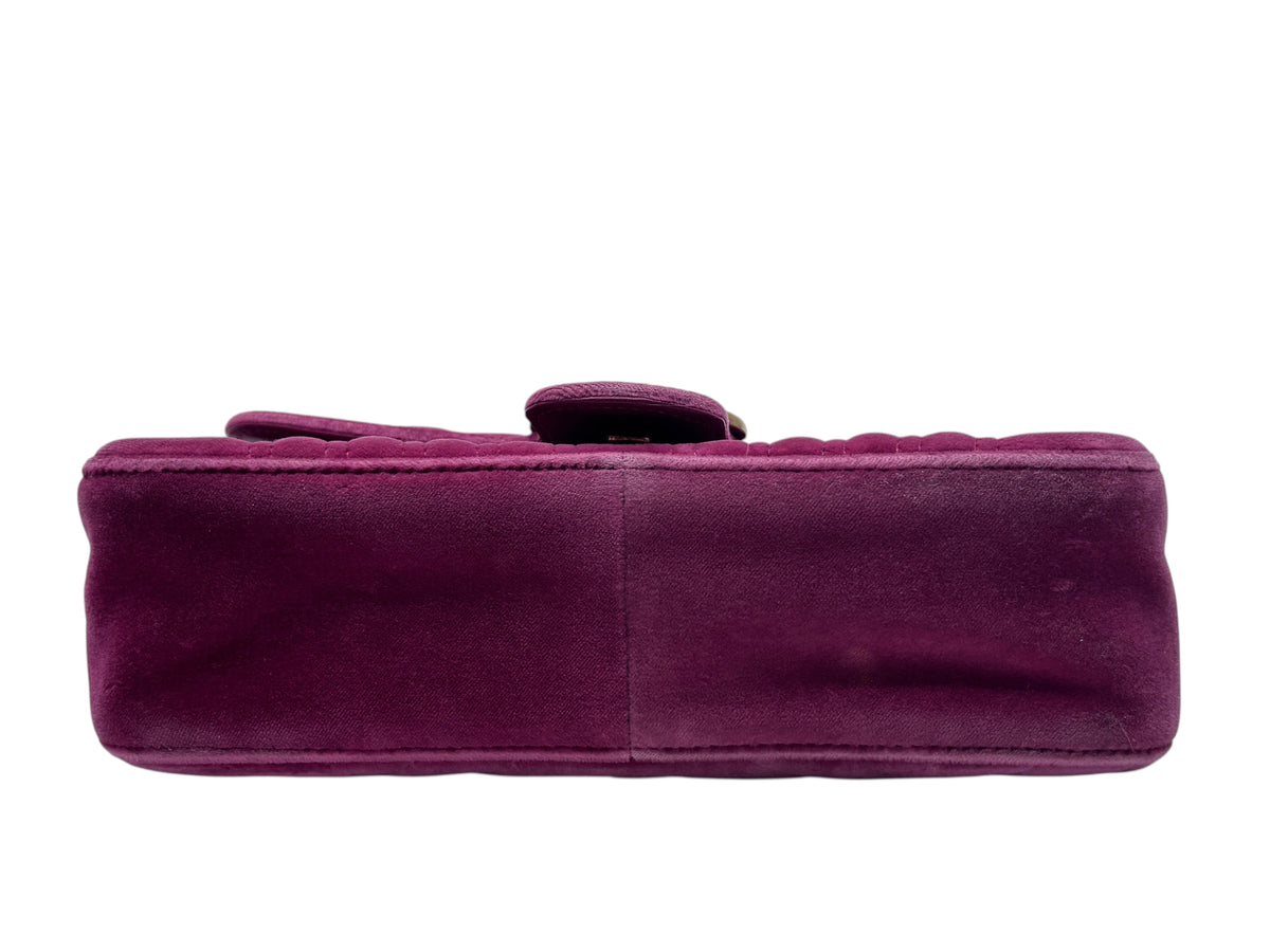 Posh Purse Co pink velvet Gucci Marmont shoulder bag base view showing soft fabric texture and quilted design