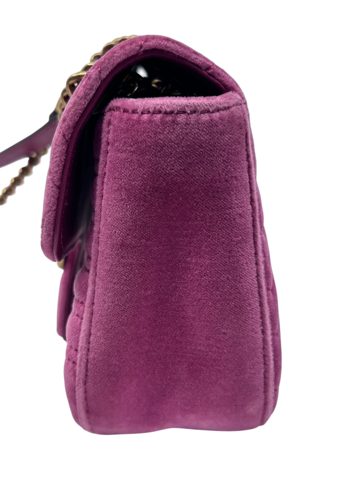 Posh Purse Co pink velvet Gucci Marmont shoulder bag side view showing plush texture and gold chain strap