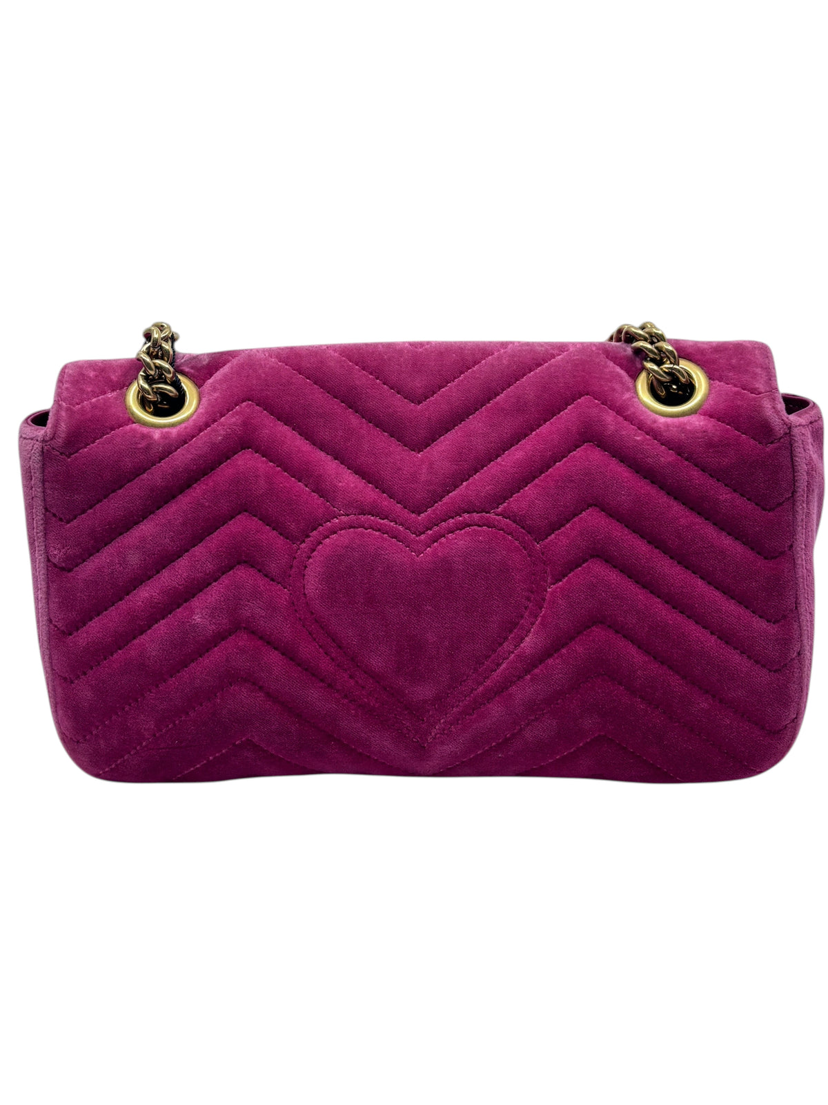 Posh Purse Co pink velvet Gucci Marmont shoulder bag with chevron quilting and heart detail on the back