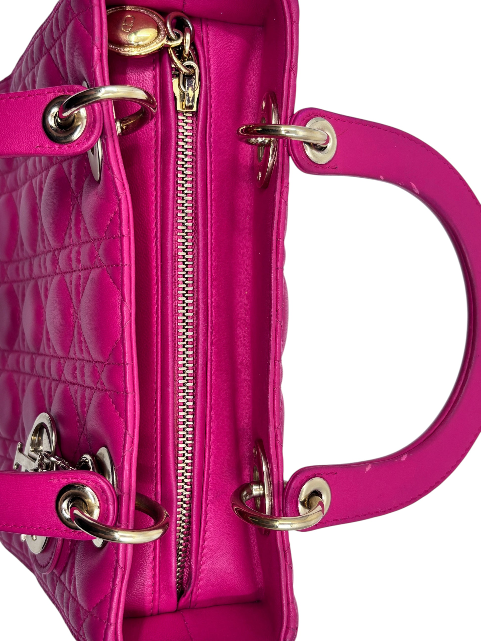 Posh Purse Co medium pink Lady Dior bag featuring signature Cannage quilting, rounded handles, and metal hardware.