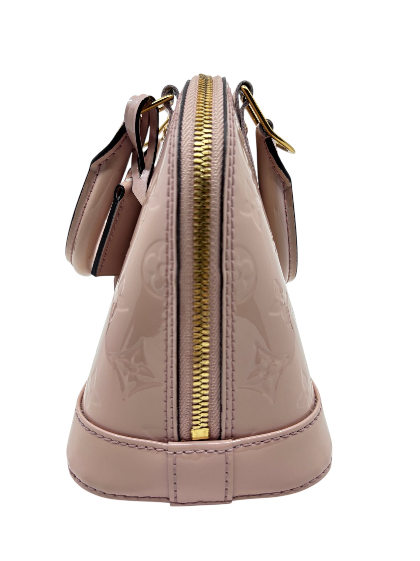 Posh Purse Co pink Louis Vuitton Vernis Alma BB handbag side view showing glossy patent leather and gold zipper