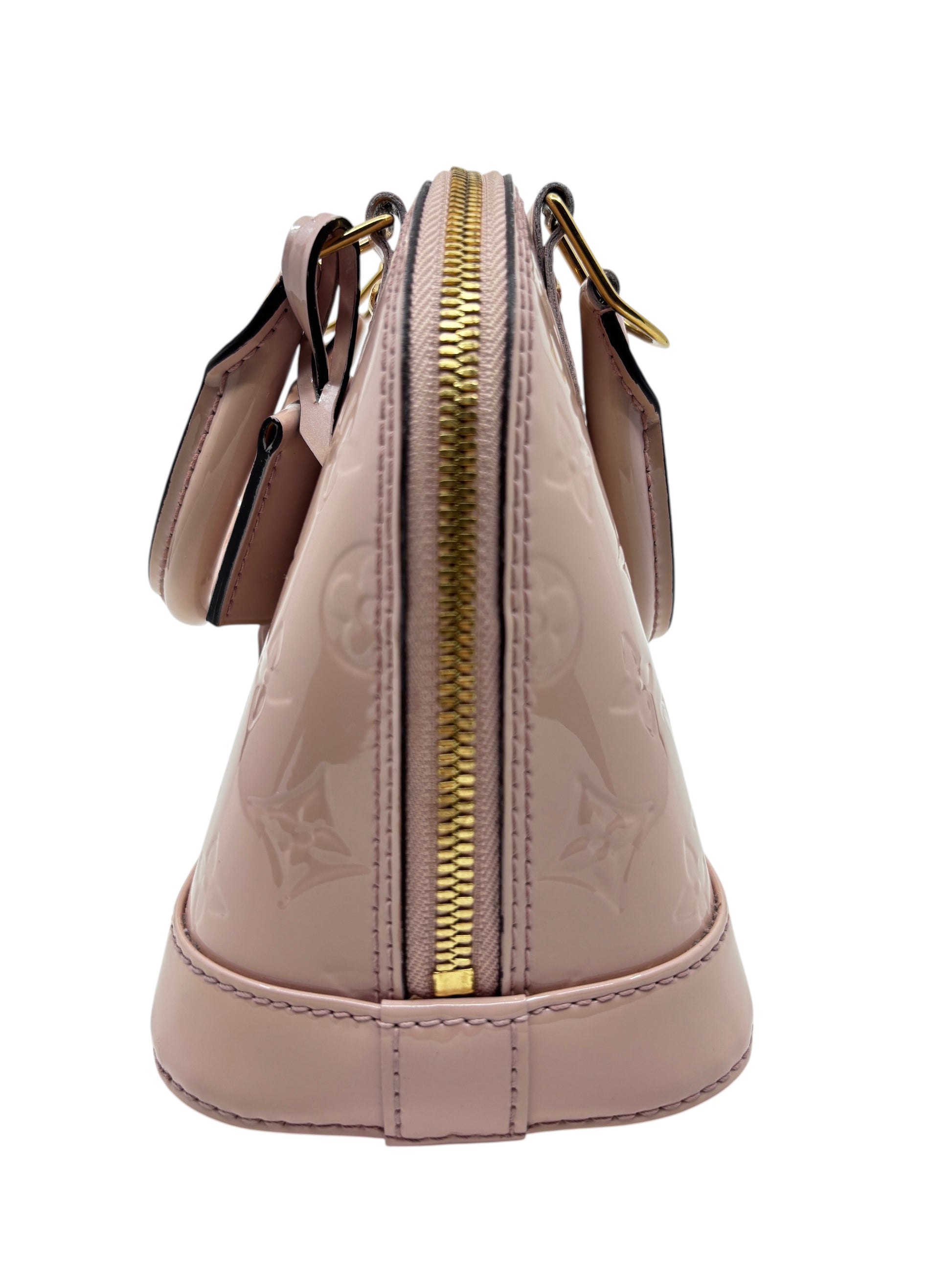 Posh Purse Co pink Louis Vuitton Vernis Alma BB handbag side view showing glossy patent leather and gold zipper