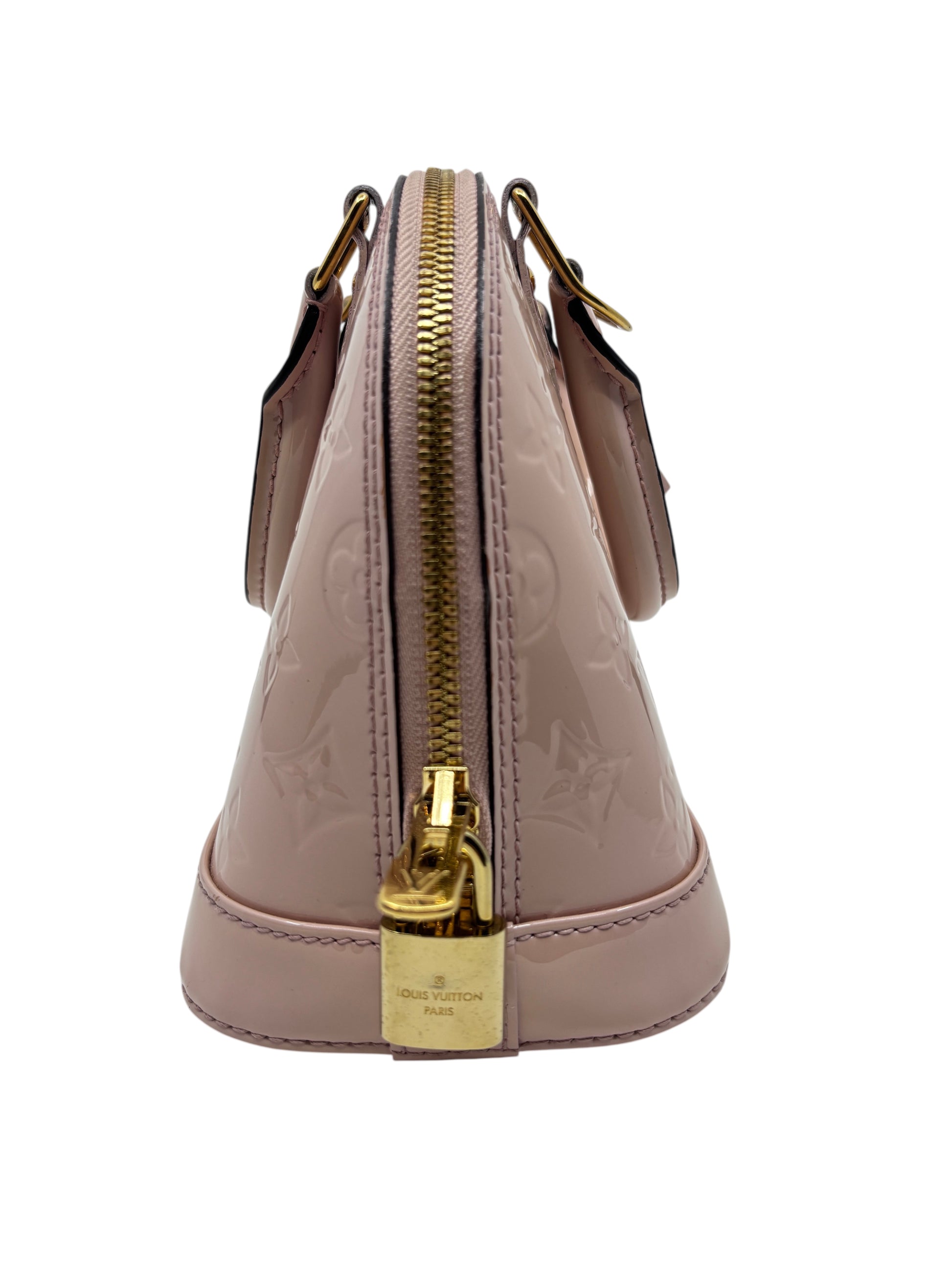 Posh Purse Co pink Louis Vuitton Vernis Alma BB handbag side view with gold padlock and glossy patent leather finish