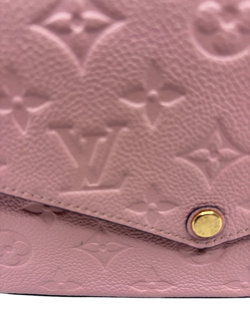 Posh Purse Co pink Louis Vuitton Empreinte Pochette Felicie with embossed monogram leather and gold snap closure
