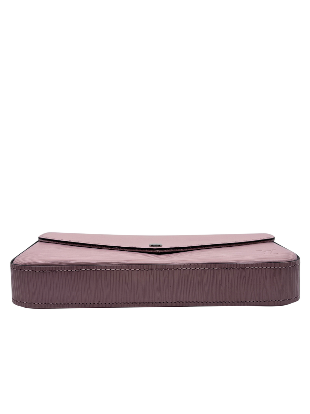 Posh Purse Co pink Louis Vuitton Epi leather Pochette Felicie bag viewed from the side showing textured finish