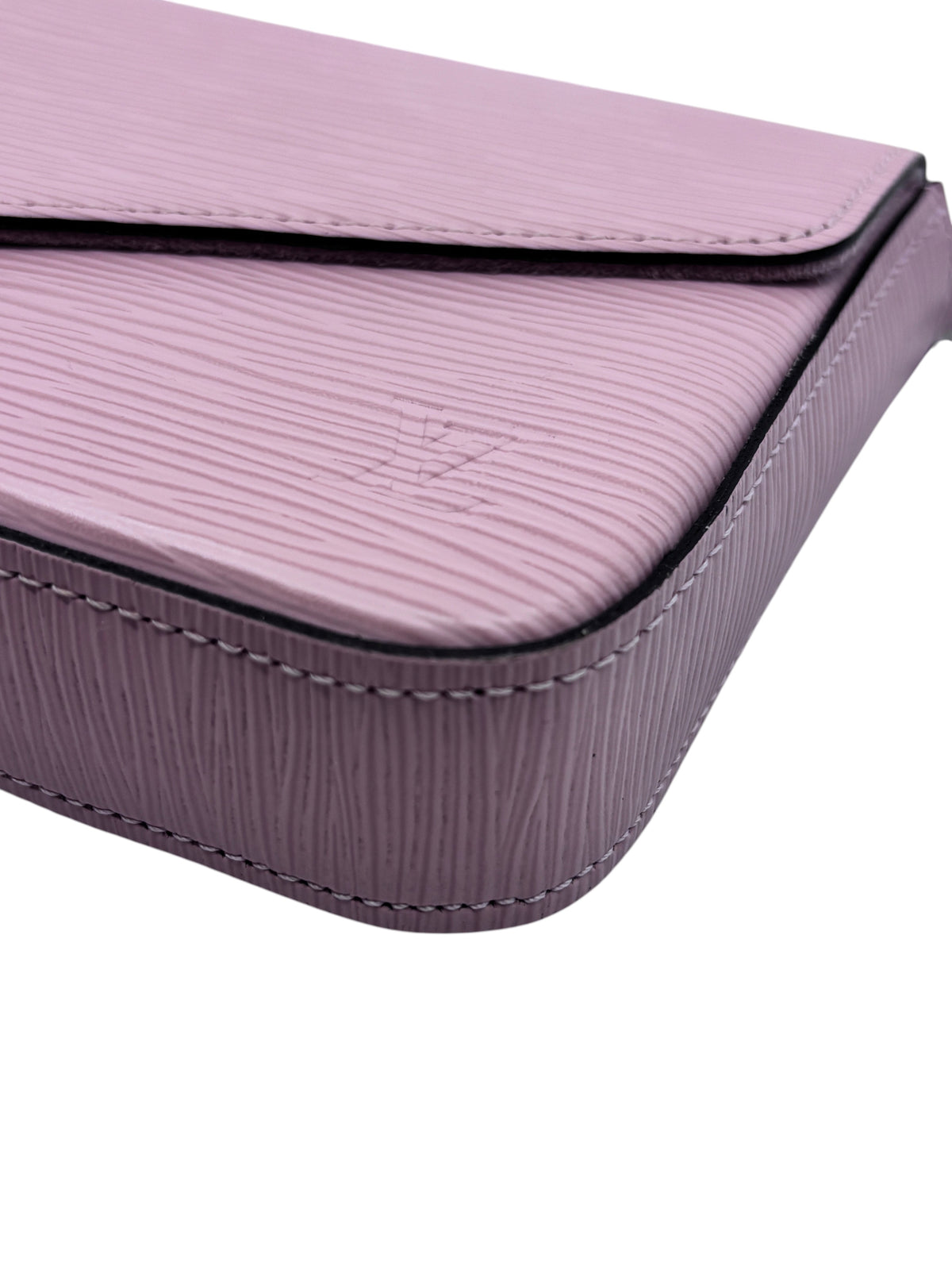 Posh Purse Co pink Louis Vuitton Epi leather Pochette Felicie bag showing textured leather and embossed logo detail