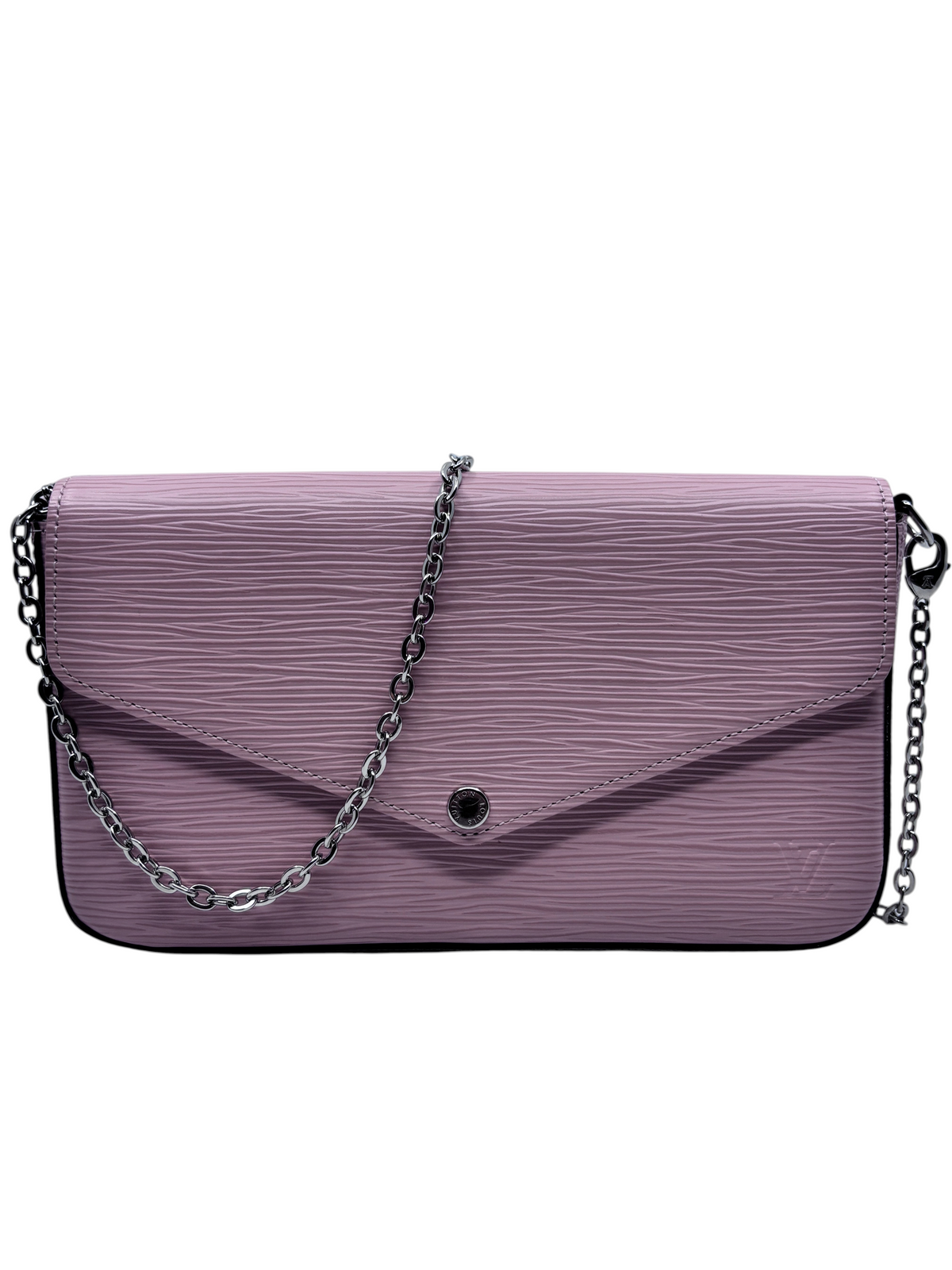 Posh Purse Co pink Louis Vuitton Epi leather Pochette Felicie bag with a silver chain strap and envelope flap