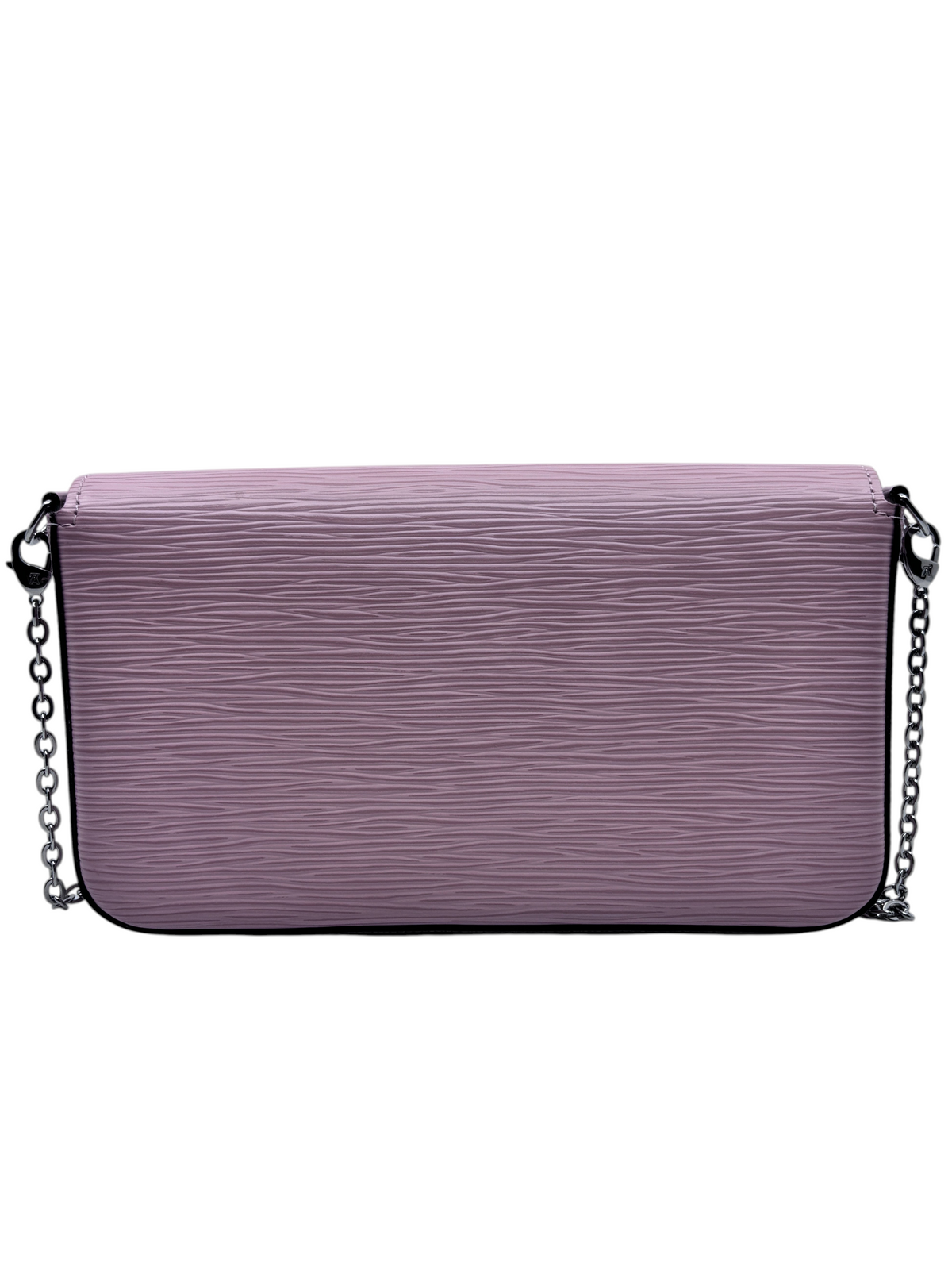 Posh Purse Co pink Louis Vuitton Epi leather Pochette Felicie bag with silver chain strap on a white background