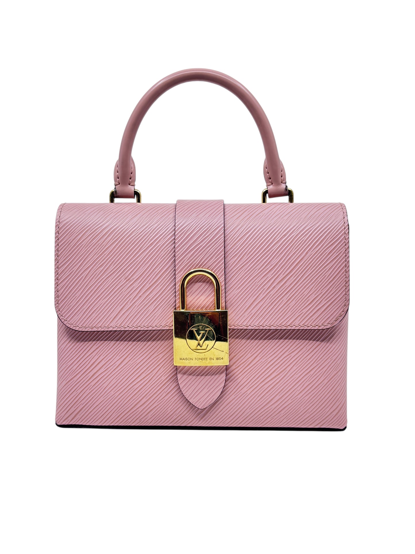 Posh Purse Co. pink Louis Vuitton Locky handbag with signature gold front lock and structured Epi leather silhouette.
