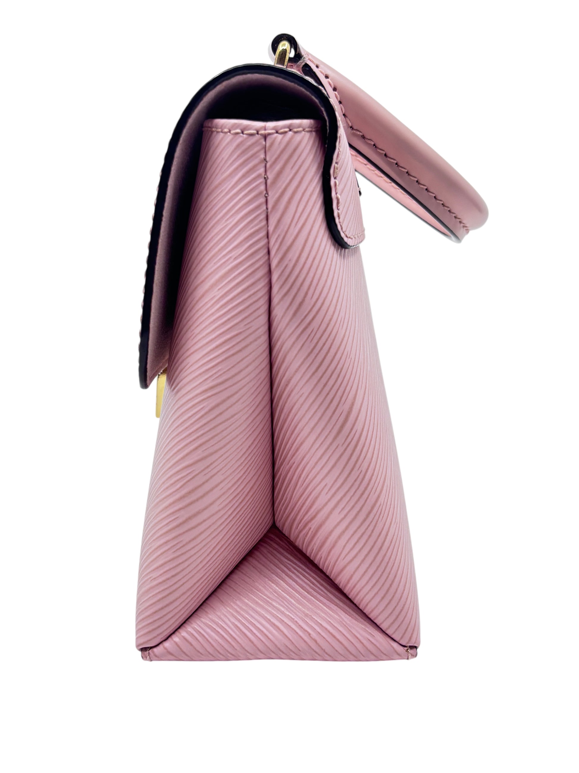 Side view of a pink Posh Purse Co. Louis Vuitton Locky handbag featuring textured Epi leather and a structured shape.