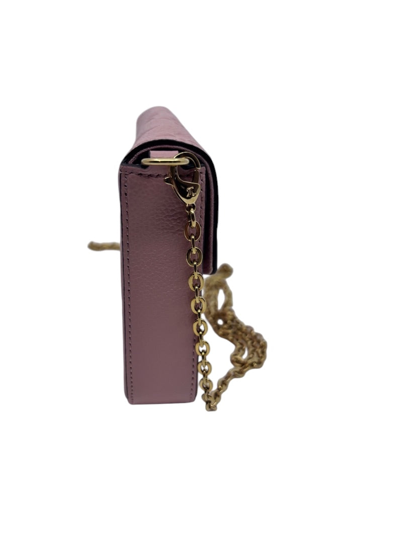 Posh Purse Co pink Louis Vuitton Empreinte Pochette Felicie side view with gold chain strap