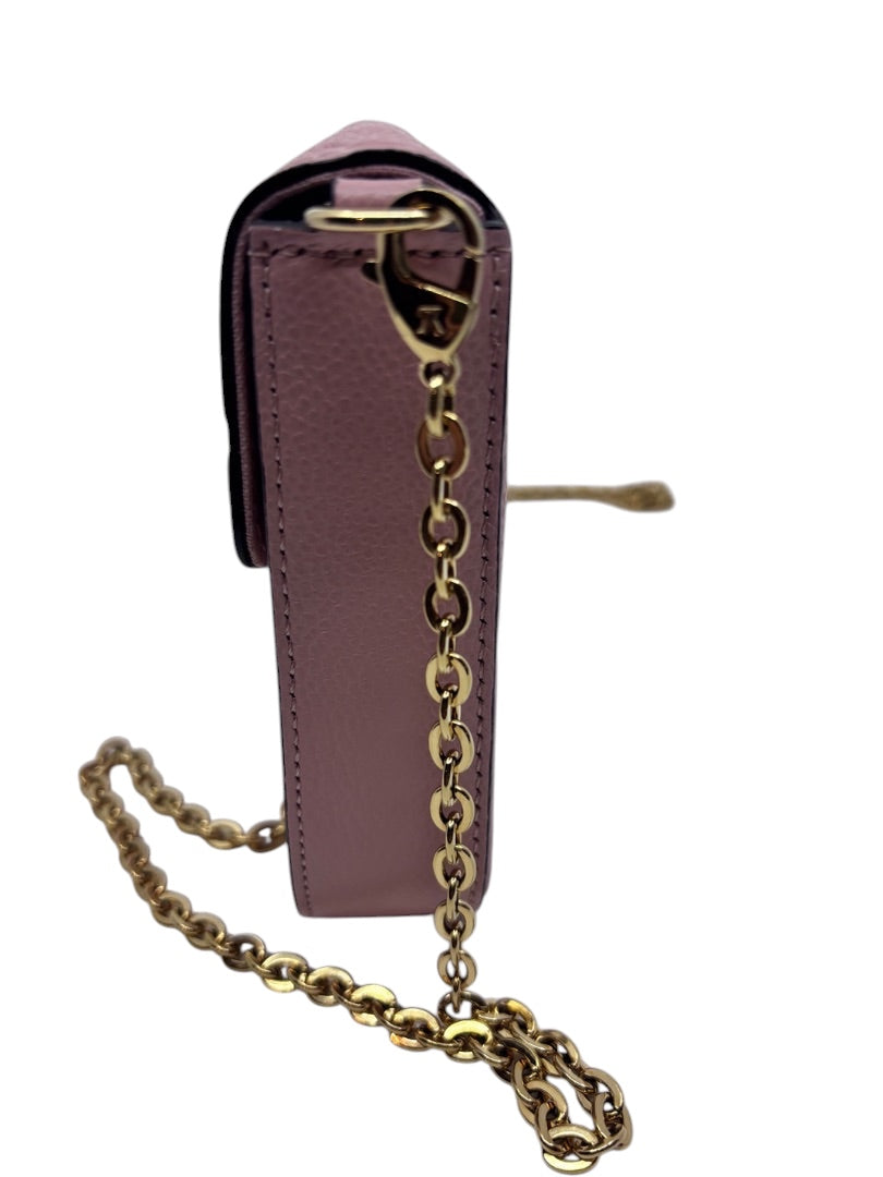 Posh Purse Co pink Louis Vuitton Empreinte Pochette Felicie side view showing gold chain strap and leather texture