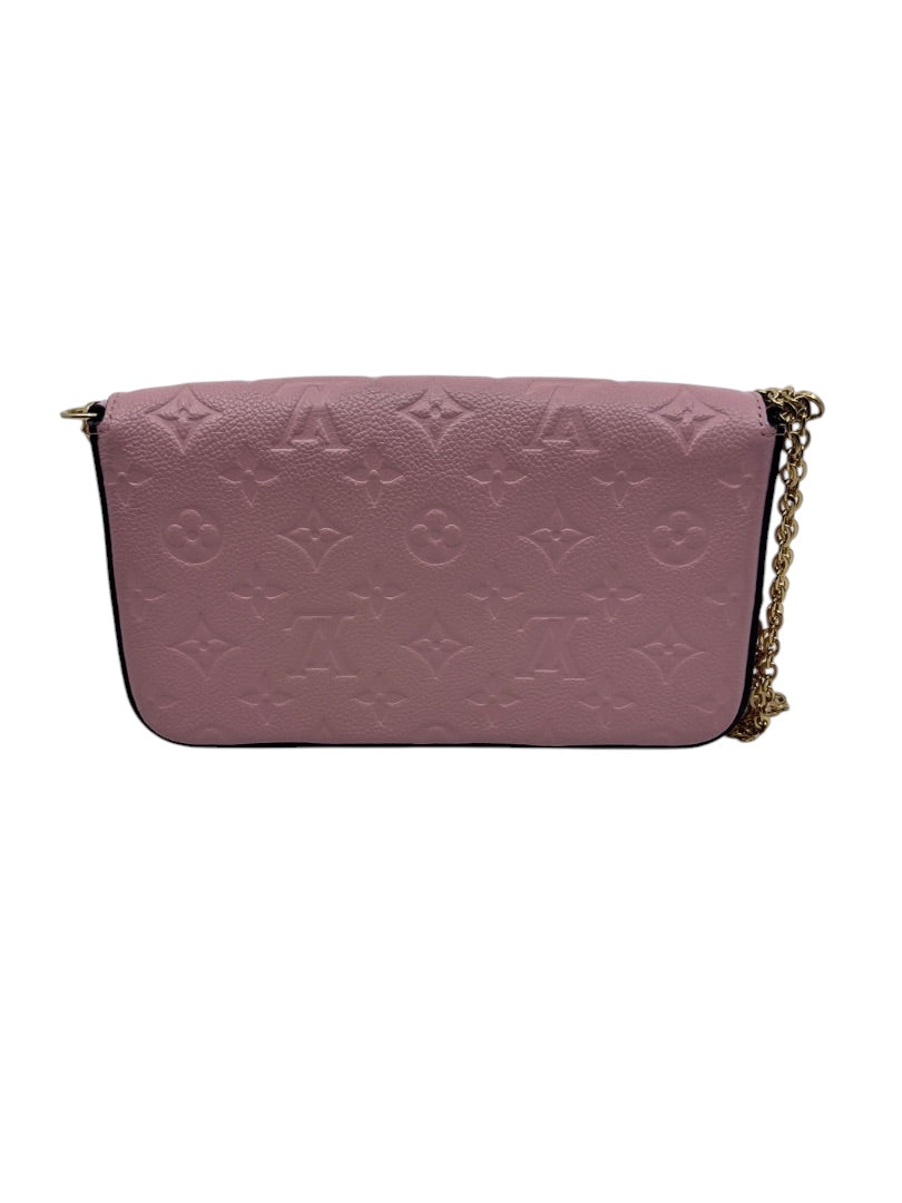 Posh Purse Co pink Louis Vuitton Empreinte Pochette Felicie with embossed monogram leather and gold chain strap