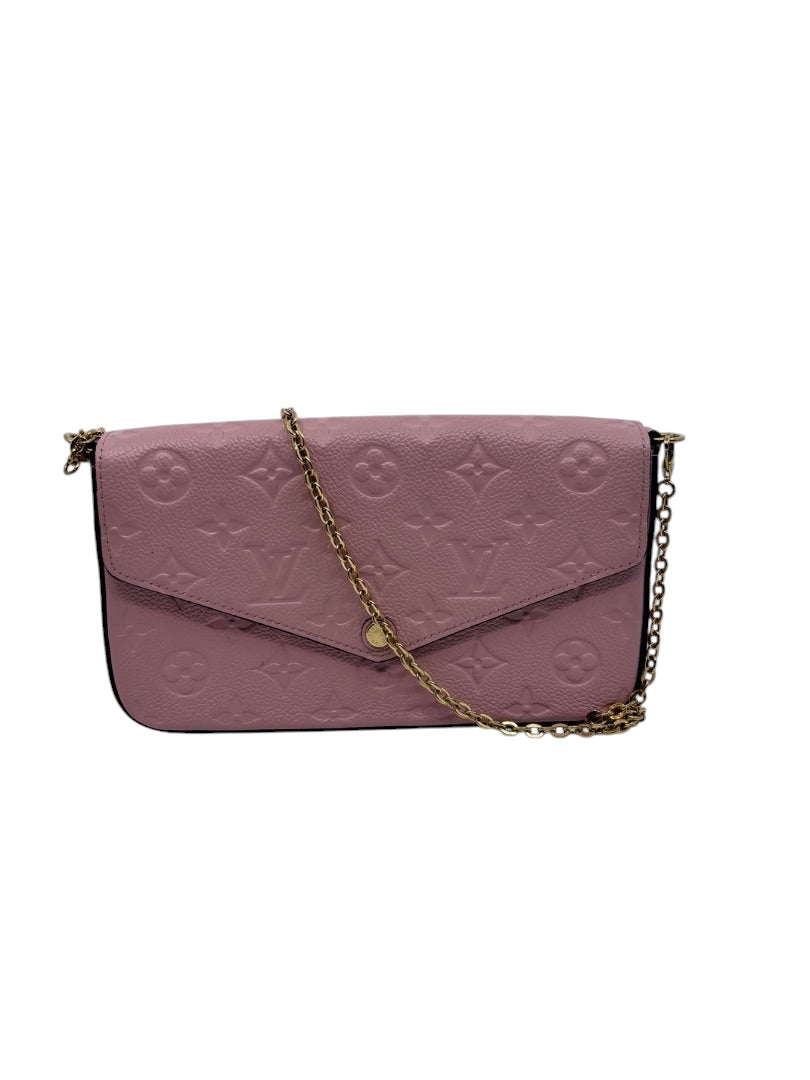 Posh Purse Co pink Louis Vuitton Empreinte Pochette Felicie with gold chain strap and embossed monogram pattern