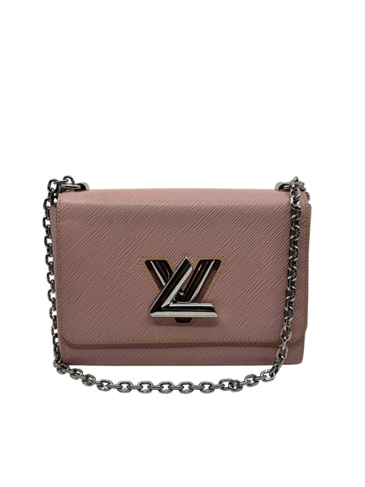 Posh Purse Co pink Louis Vuitton Epi leather Twist MM bag with silver LV twist-lock and sliding chain strap.