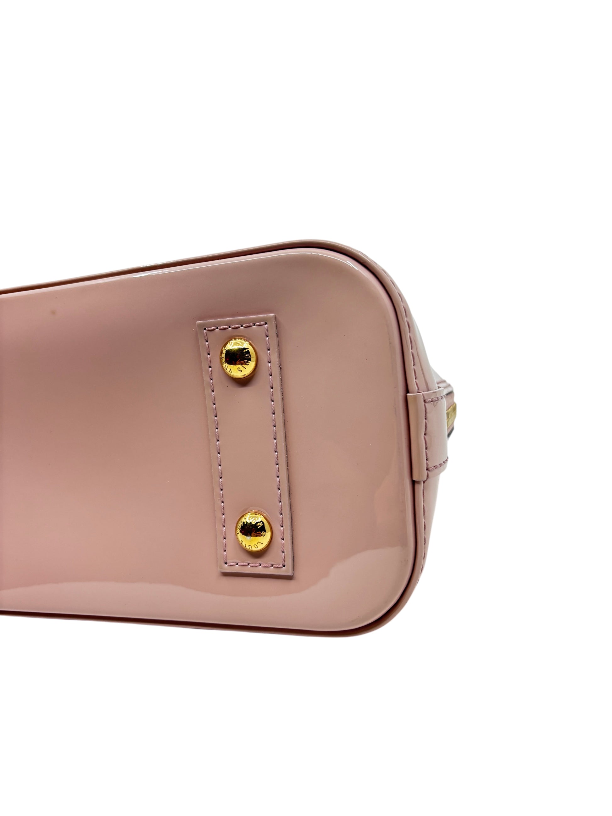 Posh Purse Co pink Louis Vuitton Vernis Alma BB patent leather handbag base with polished gold hardware studs