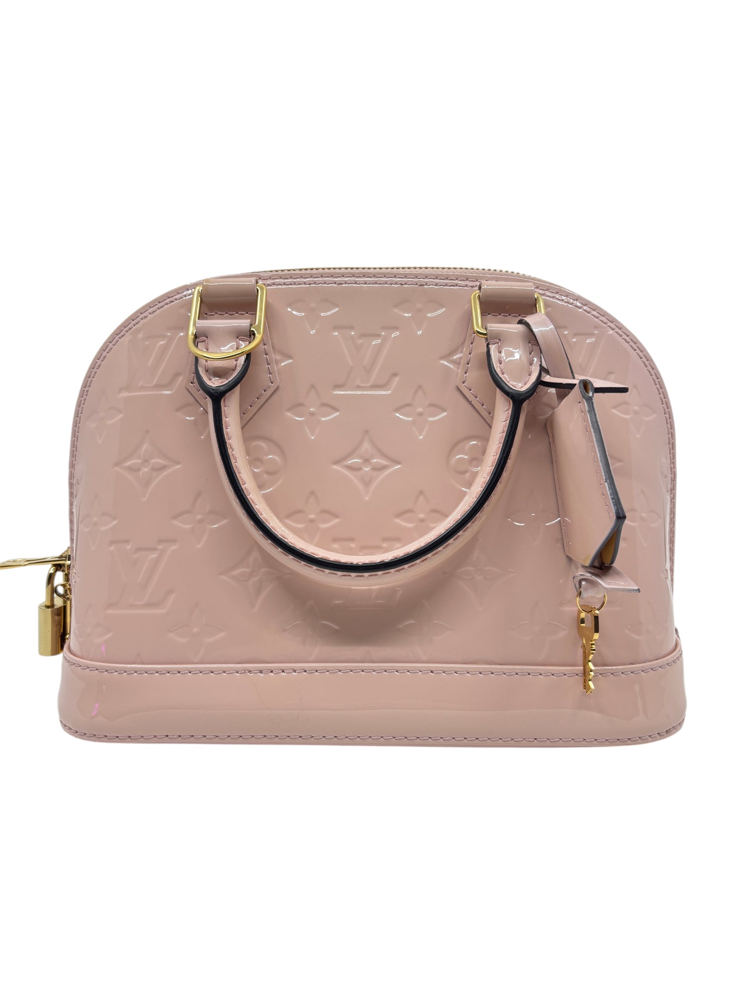 Posh Purse Co pink Louis Vuitton Vernis Alma BB handbag in glossy monogram patent leather with gold hardware