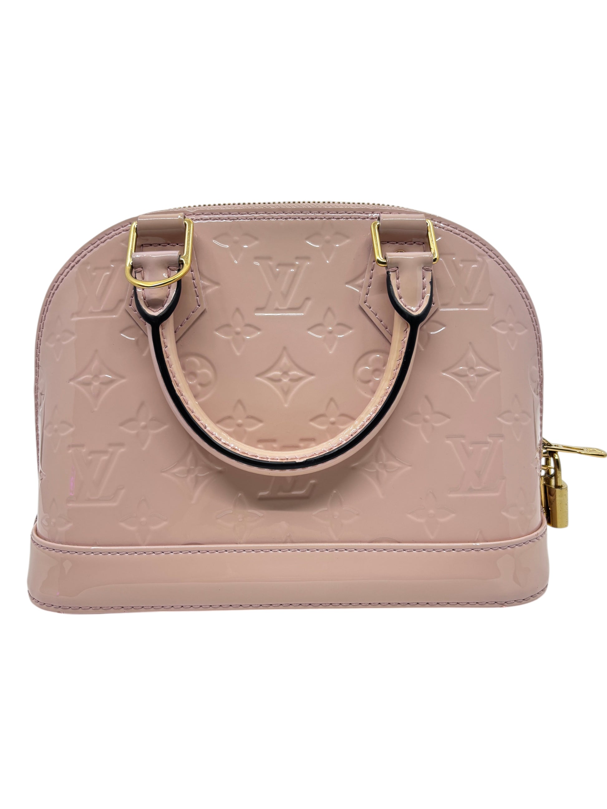 Posh Purse Co pink Louis Vuitton Vernis Alma BB handbag in glossy monogram patent leather with gold hardware.