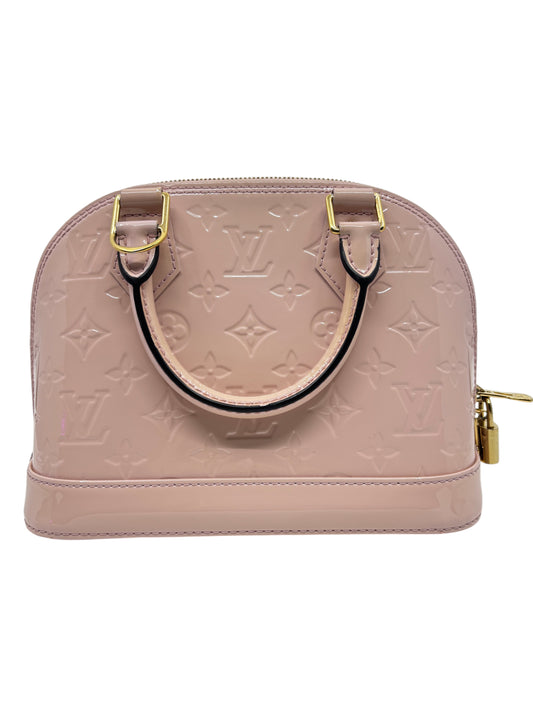 Posh Purse Co pink Louis Vuitton Vernis Alma BB handbag in glossy monogram patent leather with gold hardware.