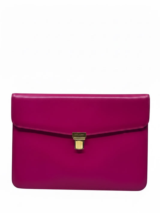 Posh Purse Co pink Saint Laurent Bellechasse clutch with gold hardware and a structured minimalist design.