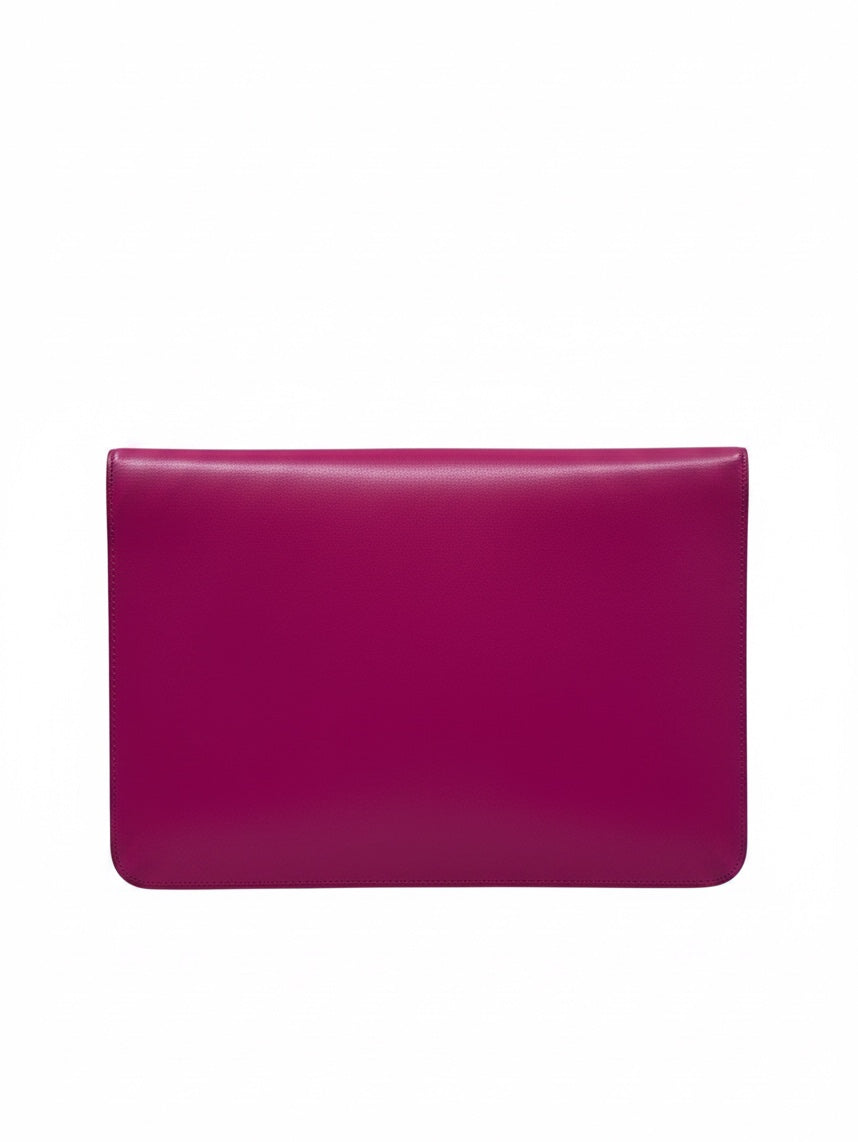 Posh Purse Co pink Saint Laurent Bellechasse clutch with a sleek, structured minimalist design for evening wear.