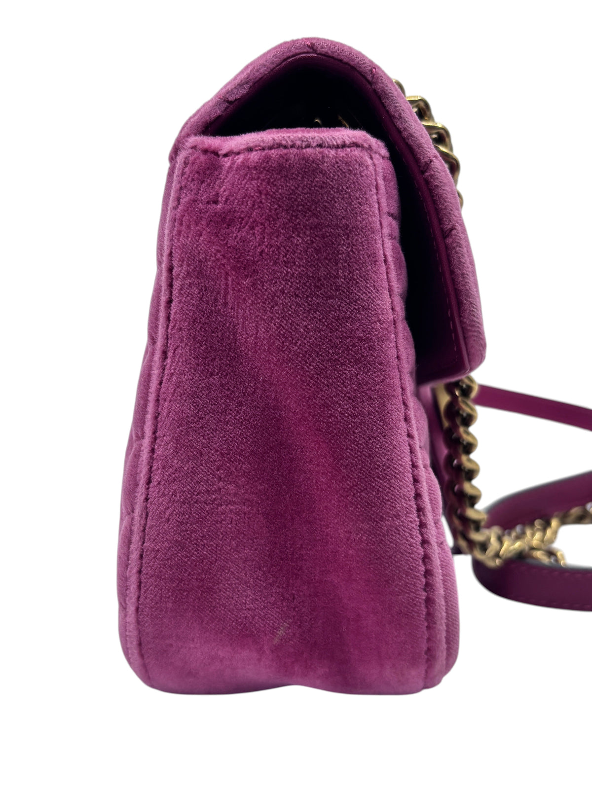 Posh Purse Co pink velvet Gucci Marmont shoulder bag side view with gold chain strap