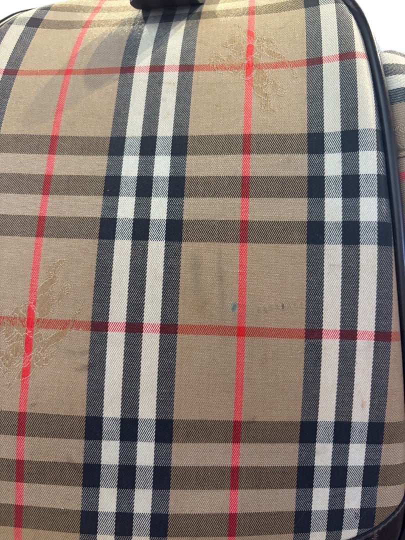 Posh Purse Co. Classic Plaid Weekend Duffle Bag in beige, black, red, and white with dark brown leather accents.
