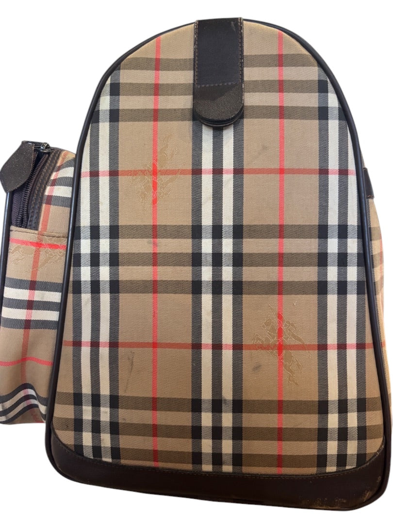Posh Purse Co. Classic Plaid Weekend Duffle Bag in beige, black, red, and white with dark brown leather trim and handles.