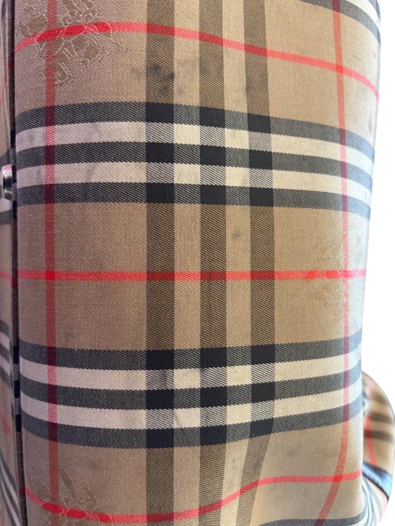 Posh Purse Co. Classic Plaid Weekend Duffle Bag in beige, black, red, and white. Durable material with leather accents.