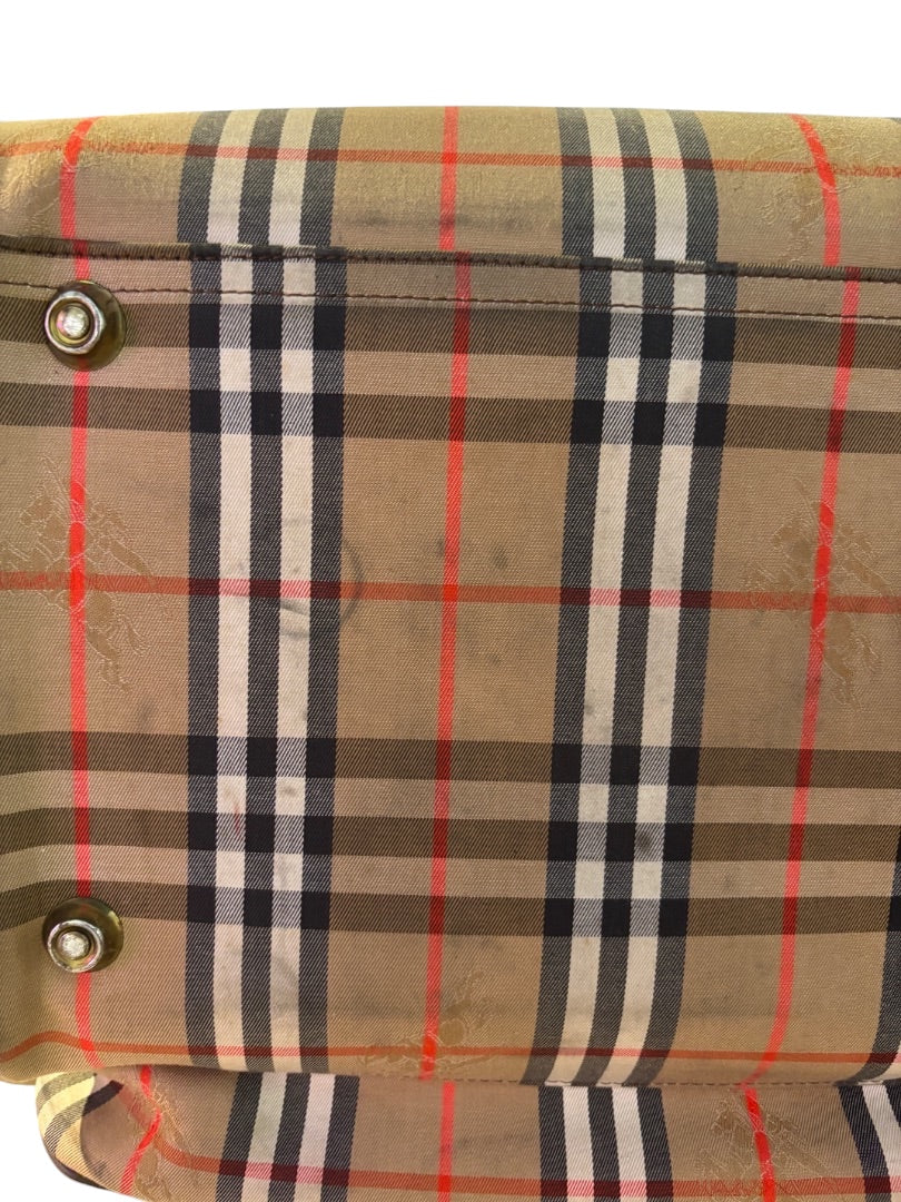 Posh Purse Co. Classic Plaid Weekend Duffle Bag in beige, black, red, and white with dark brown leather accents.