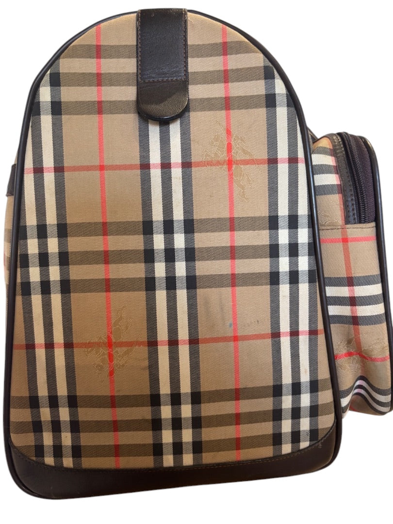 Posh Purse Co. Classic Plaid Weekend Duffle Bag in beige, black, red, and white plaid with dark brown leather accents.