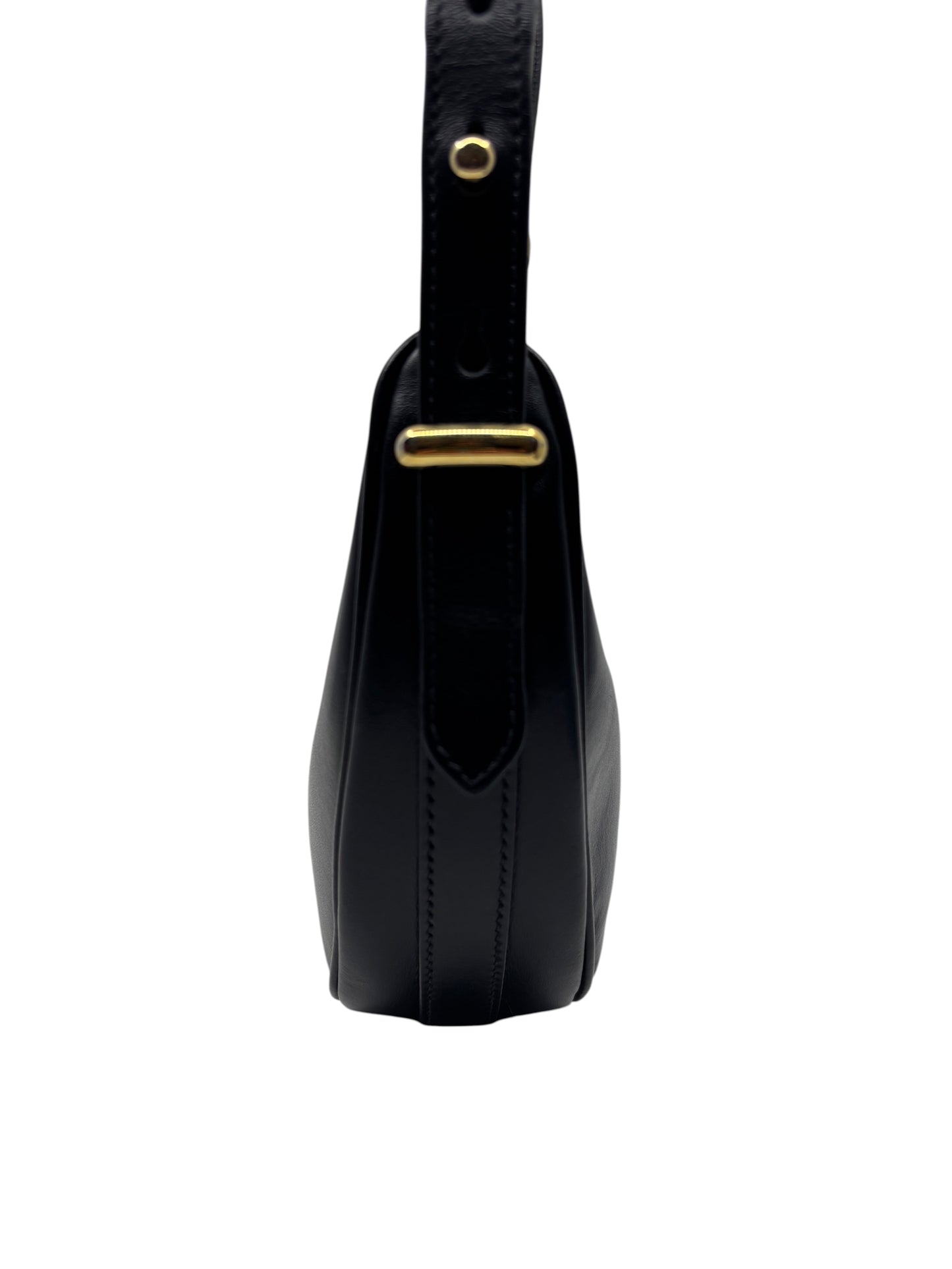Side view of a black leather Prada Arqué shoulder bag with gold hardware, sold by Posh Purse Co.