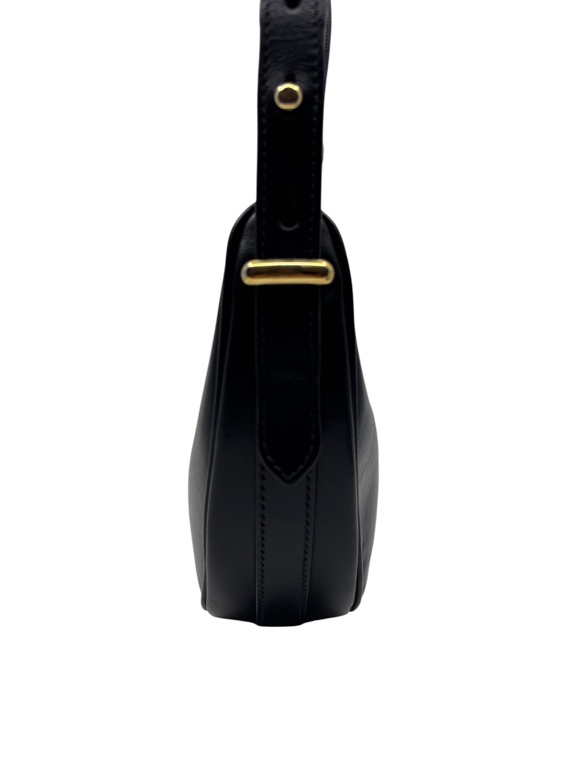 Side view of a black leather Prada Arqué shoulder bag with gold hardware, sold by Posh Purse Co.