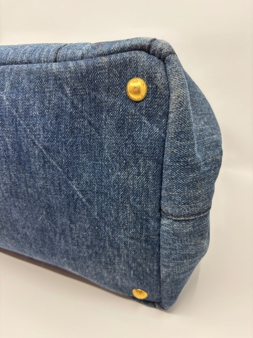 Posh Purse Co Prada Avio blue denim tote bag with gold hardware accents