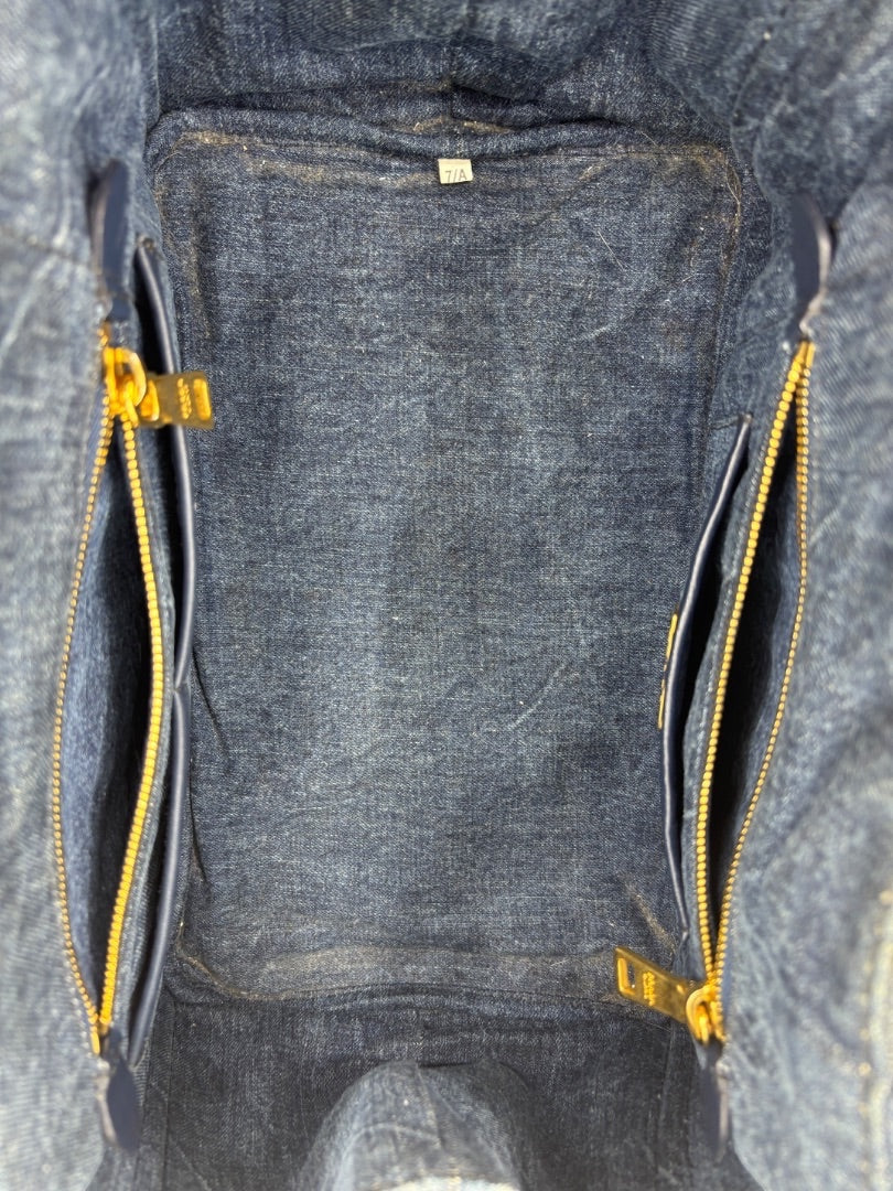 Posh Purse Co Prada Avio Denim Tote interior with gold zippers and pockets. Blue denim.