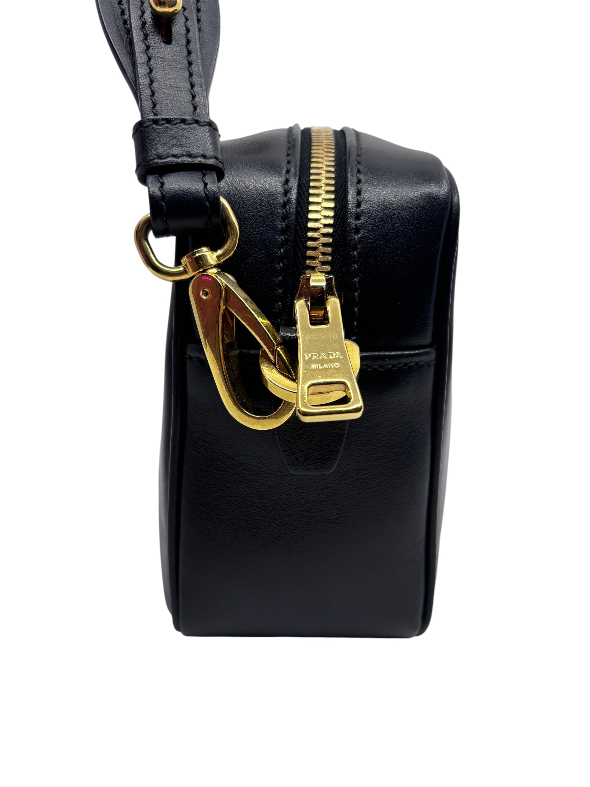 Posh Purse Co Prada Mirage camera bag in black leather with gold-tone hardware and adjustable crossbody strap
