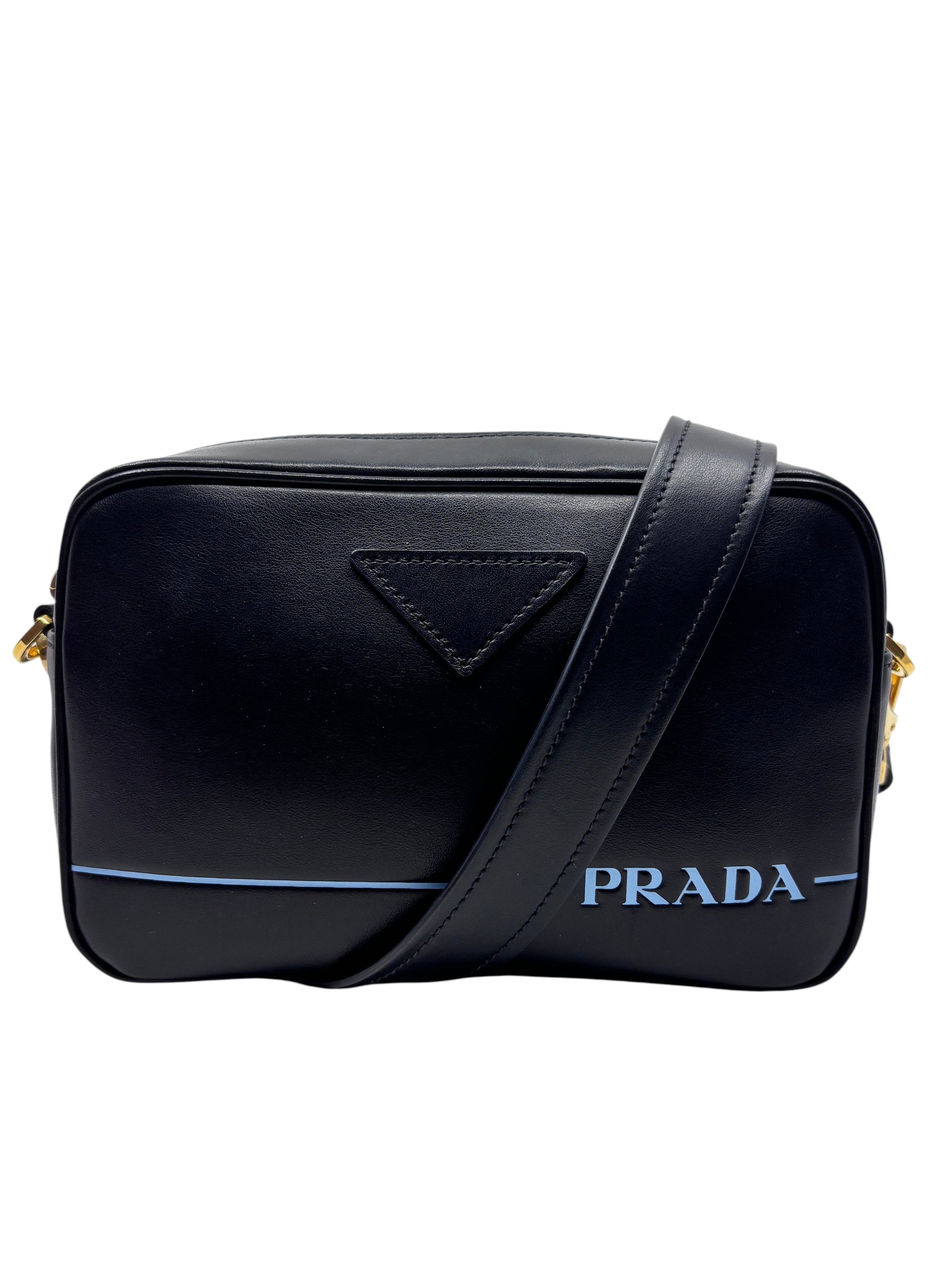 Posh Purse Co black leather Prada Mirage camera bag with gold-tone hardware and adjustable crossbody strap