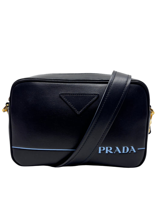 Posh Purse Co black leather Prada Mirage camera bag with gold-tone hardware and adjustable crossbody strap