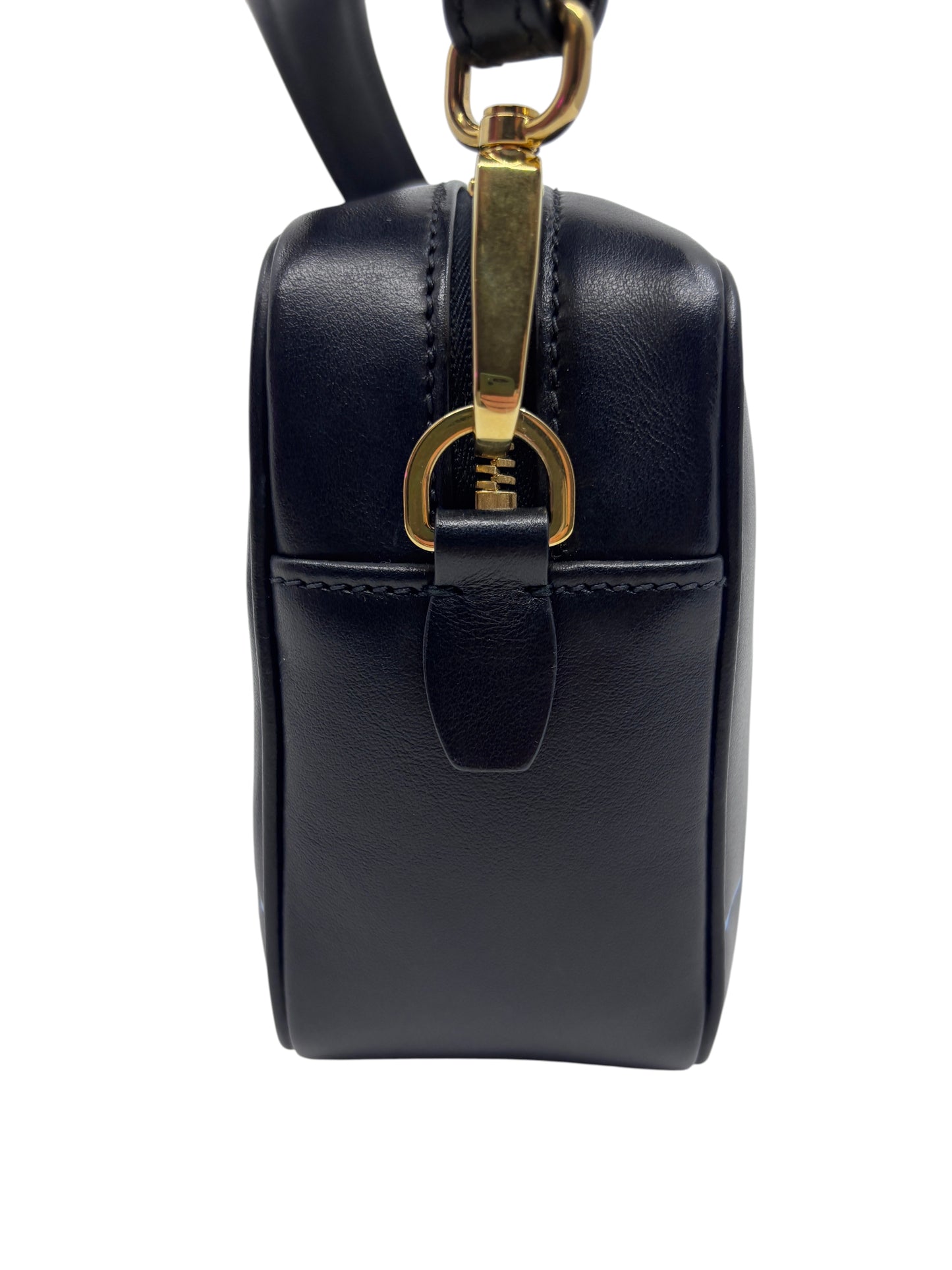 Posh Purse Co Prada Mirage camera bag in black leather with gold-tone hardware side profile view