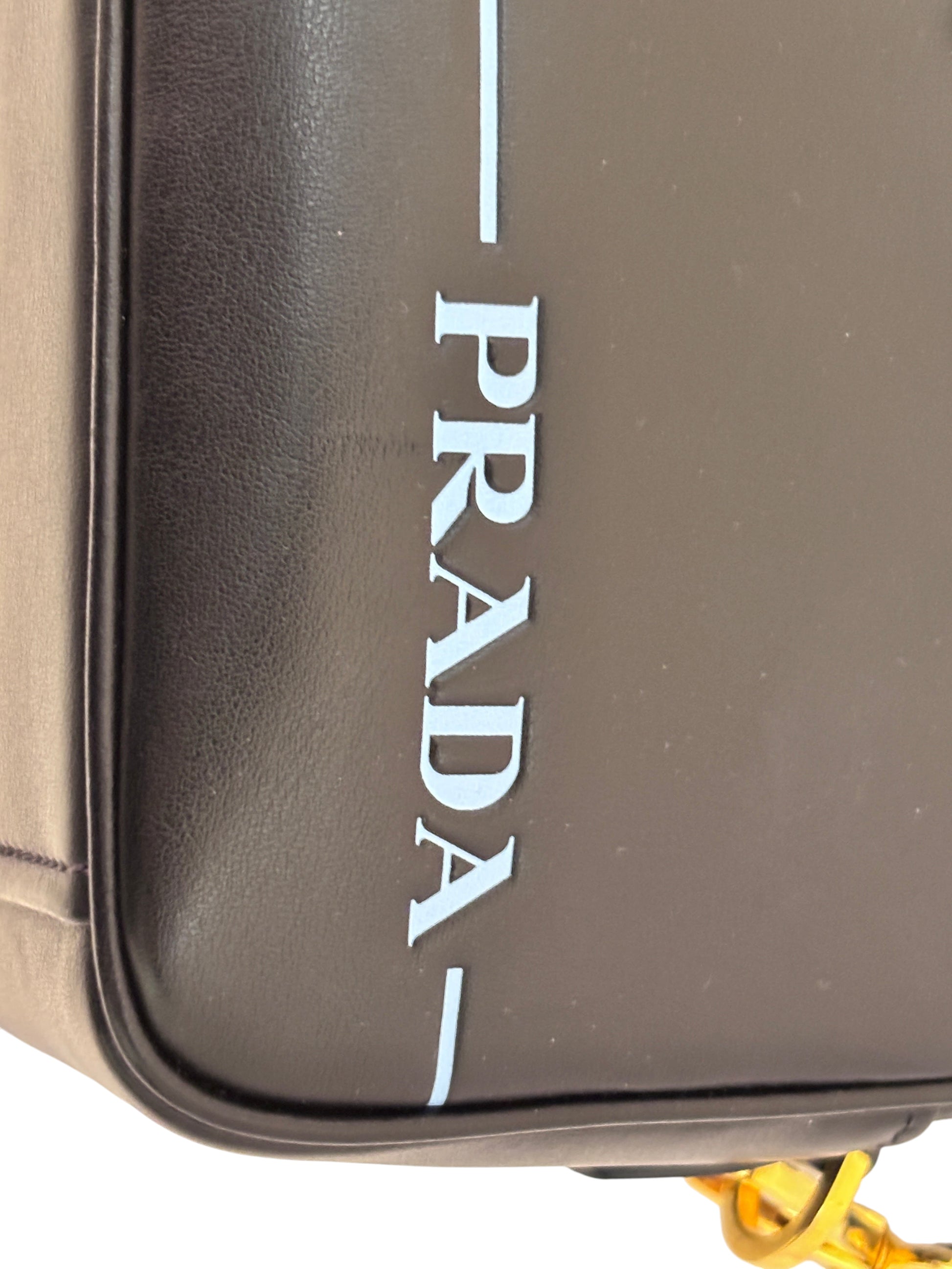 Posh Purse Co black leather Prada Mirage camera bag with signature logo detailing and gold-tone hardware
