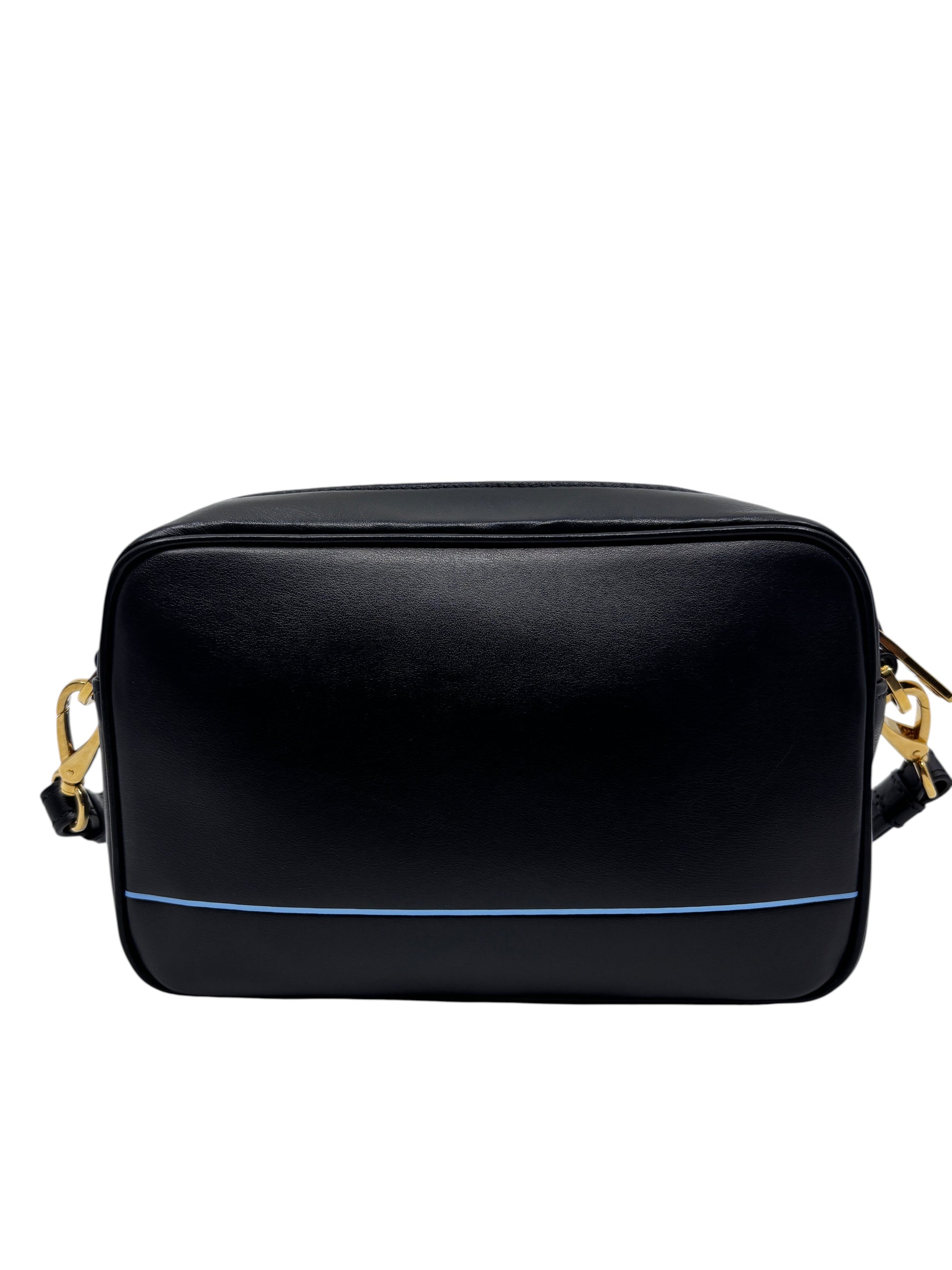 Posh Purse Co black leather Prada Mirage camera bag with gold-tone hardware and a thin blue accent stripe