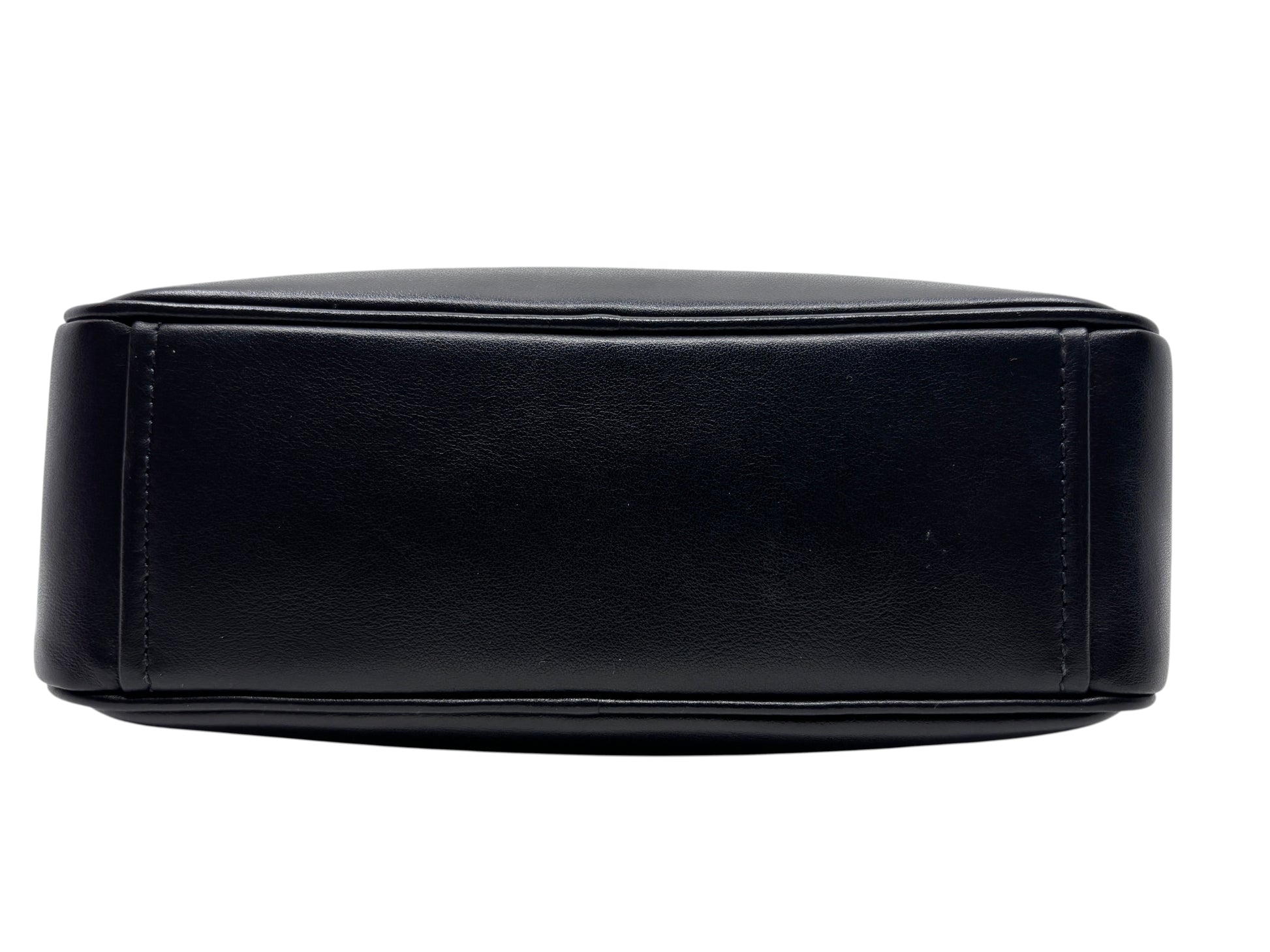 Posh Purse Co black leather Prada Mirage camera bag base view showing smooth leather construction