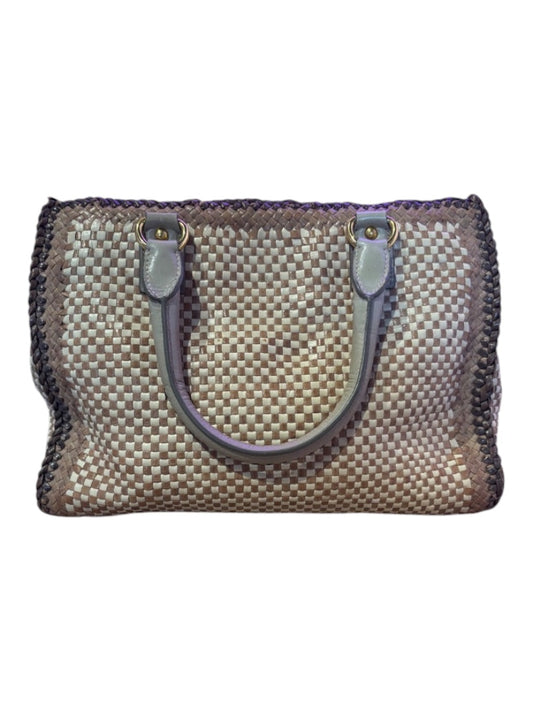 Posh Purse Co Prada Woven Madras tote bag in beige and white woven leather with grey handles and gold hardware.
